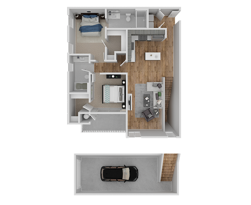 Floor plan for 2 beds, 2 baths, 1073 sqft